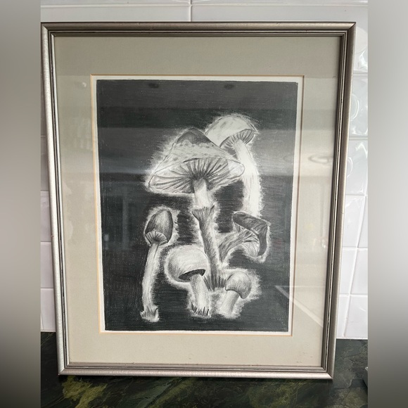 Vintage 1970s original pencil/chalk art 70s mushroom drawing
